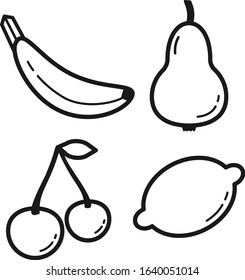 Flat fruits vector icon set. Black and white icons. Healthy food vector. Lemon, cherry, pear and banana icon.