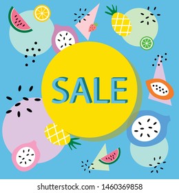 Flat fruits. Vector illustration. Poster with tropical fruits and text sale colorful banner template. 