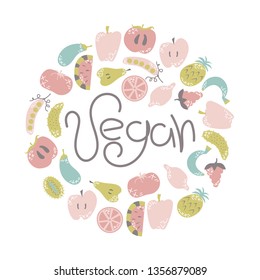 Flat fruits and vegetables in cartoon style with doodles. Vegetarian, vegan. Vector illustration.