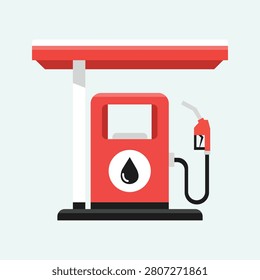 Flat fuel station illustration featuring gasoline pump with nozzle beneath canopy, modern energy service concept, isolated vector graphic for transportation, automotive, and industrial infrastructure.