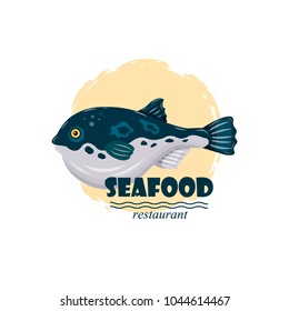 Flat fugu pufferfish seafood restaurant label with splash and text isolated on white background. Fresh raw fish - vector illustration. Design element for emblem, menu, logo, sign, brand mark