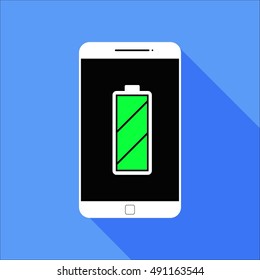 Flat Full Battery Smart Phone Icon with Long Shadow