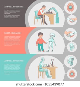 Flat fuman robots interaction banner set. Bot working at desktop, playing with man in chess, walking with boy. Data science innovation, artificial intelligence machine learning Vector illustration