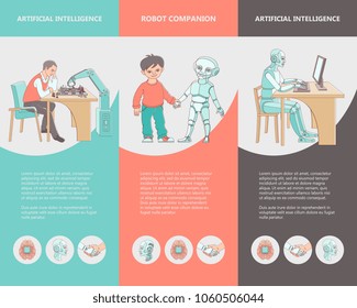 Flat fuman robots interaction banner set. Bot working at desktop, playing with man in chess, walking with boy. Data science innovation, artificial intelligence machine learning Vector illustration