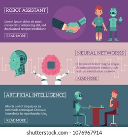 Flat fuman robots interaction banner set. Bot shaking hands with human, playing with man in chess, walking boy. Data science innovation, artificial intelligence machine learning Vector illustration