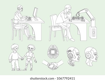 Flat fuman robots interaction symbols set. Bot working at desktop, playing with man in chess Data science innovation, artificial intelligence machine learning Vector monochrome illustration