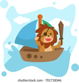 flat fun cartoon brown pirate lion sail in the sea with brown boat bring wood sword in blue background for kid child and kindergarten