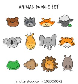 flat fun doodle cute animal head wild cartoon  with white background for kid children kindergarten organization shirt company icon