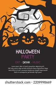 Flat fun vector illustration of Halloween party with scary and funny Halloween elements and colorful backgrounds. Moon and scary pumpkins. 