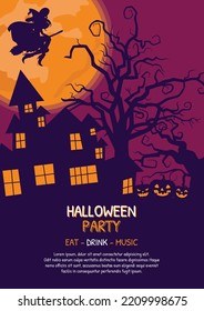 Flat fun vector illustration of Halloween party with scary and funny Halloween elements like a witch flying on a broom, hunted house, spooky trees, moon, and colorful backgrounds 