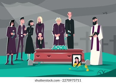 Flat funeral death composition grieving family and priest standing in front of their relatives coffin vector illustration