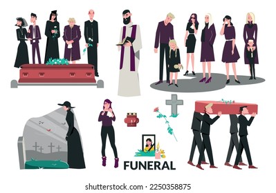 Flat funeral death composition set grieving family standing by the coffin people weeping men in black carrying the coffin a widow visiting her husbands grave vector illustration