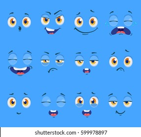 Flat funny cartoon faces with emotions. Vector illustration