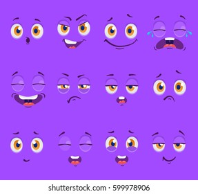 Flat funny cartoon faces with emotions. Vector illustration