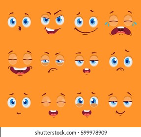 Flat funny cartoon faces with emotions. Vector illustration