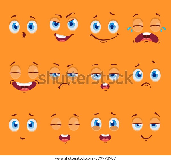 Flat Funny Cartoon Faces Emotions Vector Stock Vector (royalty Free 