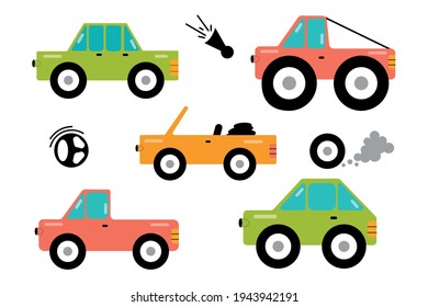Flat funny cartoon road transport icon set. Vector transport stickers