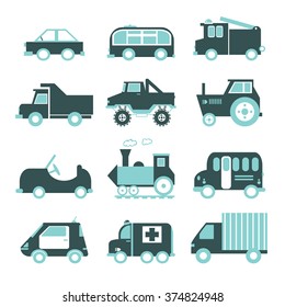 Flat funny cartoon road transport icon set. Ambulance, train, truck, vintage car