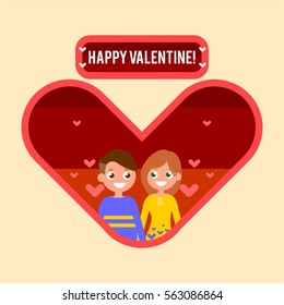 flat funny cute character girl and boy fall in love happy valentine in colorful clothes with red love hearts