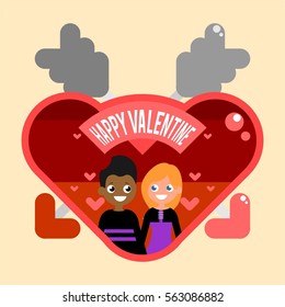 flat funny cute character girl and boy fall in love happy valentine in colorful clothes with red love hearts