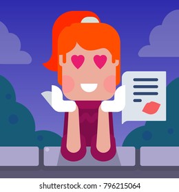 Flat funny girl in love. Love letter. Evening romantic story. Vector flat illustration.