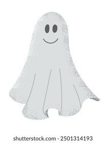 Flat funny hand drawn textured ghost with grunge texture. Scary design for Halloween isolated on white background. Cute ghost with smile