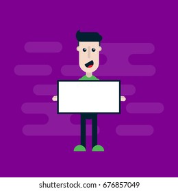 Flat Funny Man Character Illustration Holding a White Banner for Text