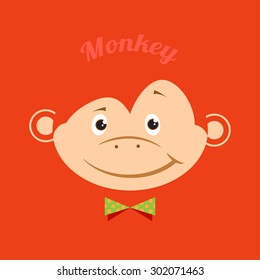 Flat funny monkey with a green butterfly on an orange background. Vector illustration.