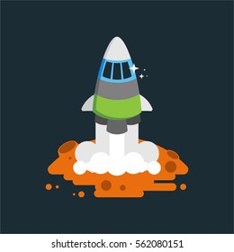 flat funny and retro cartoon character green and blue rocket launch to space with white smoke in black background space for company banner business poster kids and children