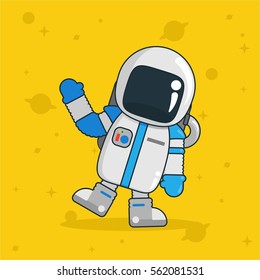 flat funny and retro cartoon character white astronaut in yellow background space for company banner business poster kids and children
