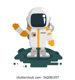 flat funny and retro cartoon character white astronaut stand in moon in white background space for company banner business poster kids and children