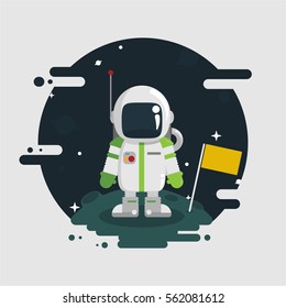 flat funny and retro cartoon character white astronaut stand in moon in black background space for company banner business poster kids and children