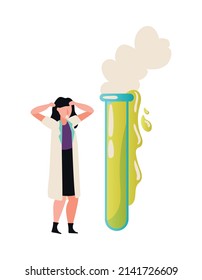 Flat funny science icon with scared scientist performing experiment vector illustration
