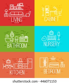 Flat furnishings living room, cabinet, bathroom, nursery, kitchen, bedroom in flat style drawing with white lines on color background