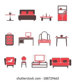 Flat Furniture Icons and Symbols Set for Living Room Isolated Vector Illustration