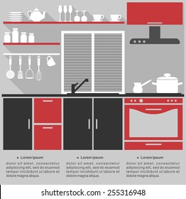 Flat Furniture Template For A Kitchen Interior Design With A Stylish Red, Grey And Black Kitchen With Fitted Cabinets And Appliances