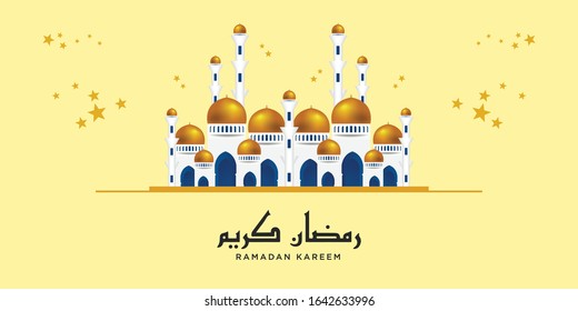 flat futuristic Ramadan Kareem design background with realistic 3d mosque and a lot of stars for greeting card, poster, banner, printing, and advertising; Arabic typography styles