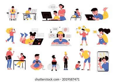 Flat gadget addiction icons set with children using smartphone tablet laptop computer headphones games console vr glasses isolated vector illustration