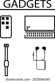 flat gadgets like mobile device, computer, headset and watch line art design vector