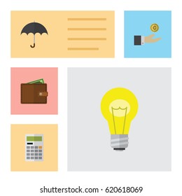 Flat Gain Set Of Calculate, Hand With Coin, Parasol Vector Objects. Also Includes Calculate, Bulb, Hand Elements.