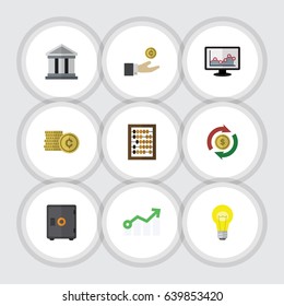 Flat Gain Set Of Chart, Interchange, Bank And Other Vector Objects. Also Includes Shiner, Monitor, Interchange Elements.