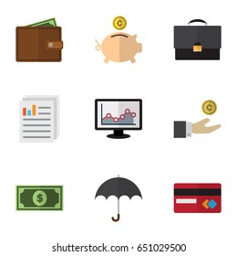 Flat Gain Set Of Chart, Payment, Hand With Coin Vector Objects. Also Includes Portfolio, Billfold, Credit Elements.