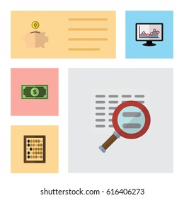 Flat Gain Set Of Counter, Money Box, Chart And Other Vector Objects. Also Includes Money, Magnifier, Chart Elements.