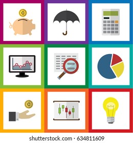 Flat Gain Set Of Hand With Coin, Bubl, Parasol Vector Objects. Also Includes Pie, Box, Chart Elements.