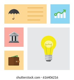 Flat Gain Set Of Parasol, Bank And Other Vector Objects. Also Includes Building, Growth, Billfold Elements.