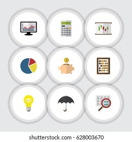 Flat Gain Set Of Parasol, Calculate, Diagram And Other Vector Objects. Also Includes Magnifier, Pie, Counter Elements.