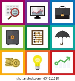 Flat Gain Set Of Strongbox, Cash, Growth And Other Vector Objects. Also Includes Shiner, Parasol, Graph Elements.