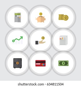 Flat Gain Set Of Strongbox, Payment, Document And Other Vector Objects. Also Includes Greenback, File, Coin Elements.
