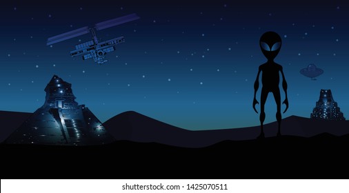 flat galaxy and alien ,flat vector illustration