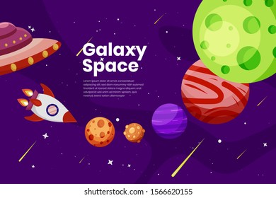 Flat Galaxy Space futuristic modern colorful background with rocket and ufo vector illustration. Suitable For Wallpaper, Banner, Background, Book Illustration, And Web Landing Page Concept